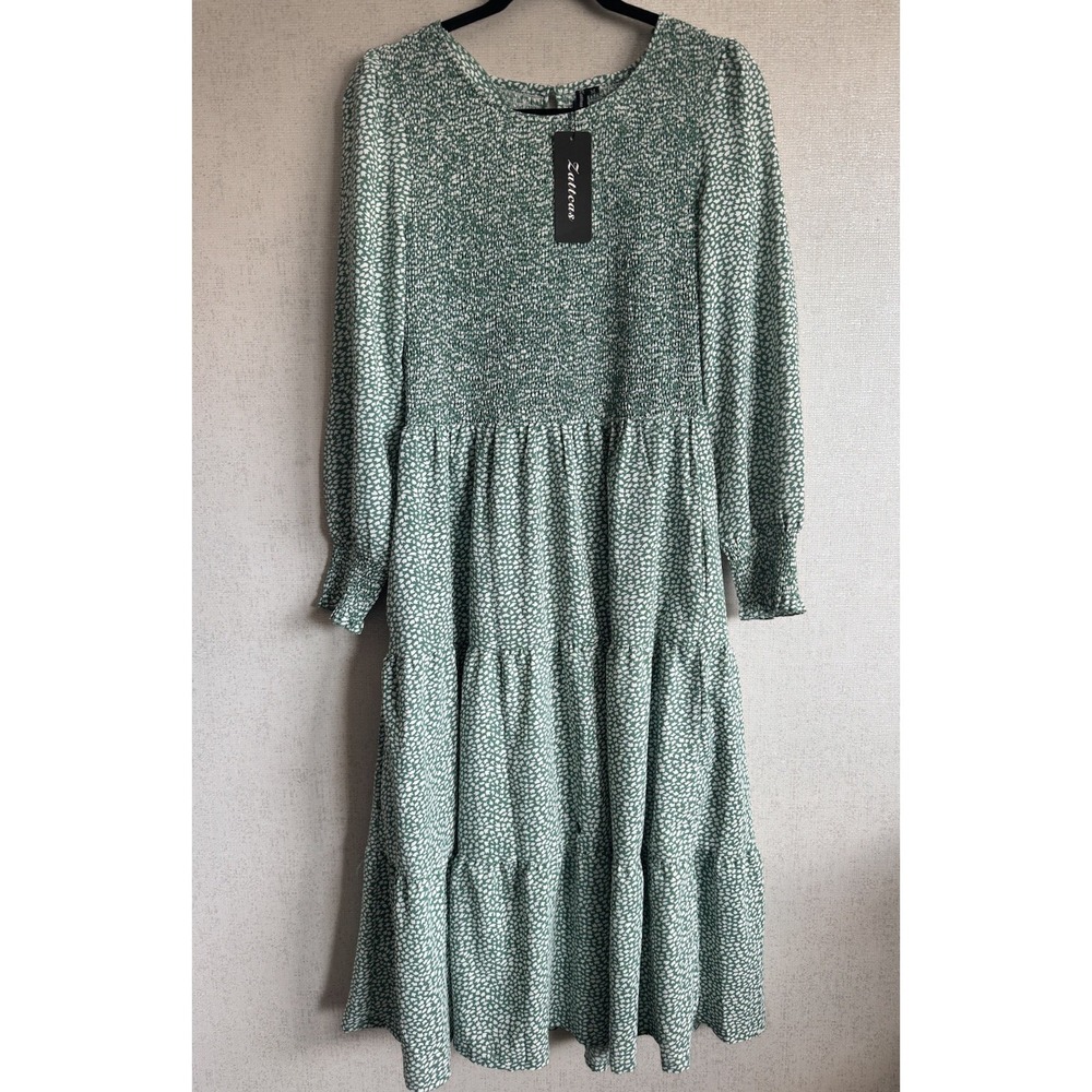 NWT Zattcas Green Leopard Smocked Midi Dress Women Medium Cottagecore Pockets